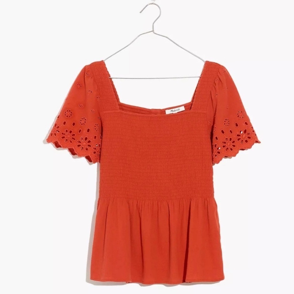 NWT Madewell Lucie Eyelet Smocked Top Red Orange Size S